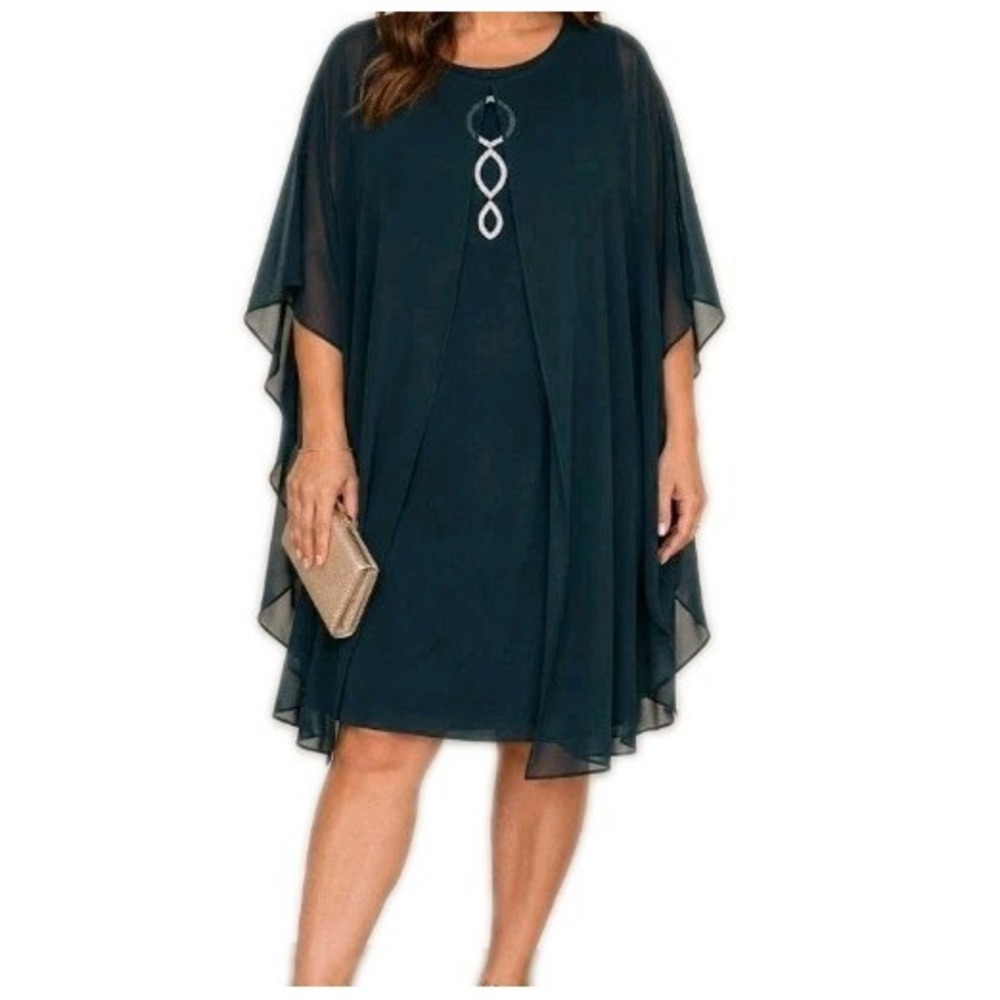 Connected Apparel Cape Dress Size 22 Navy Blue Rhinestone Sheath Formal Chic NEW